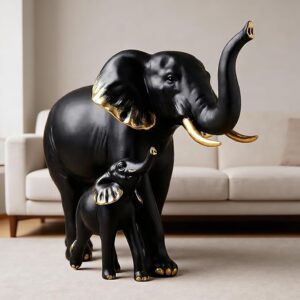 Luxury Black and Gold Elephant Mother Baby 360 Resin Statue