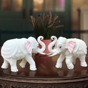 White Marble Elephant Statue Pair (5x6 Inches), Trunk Up Decorative Elephant