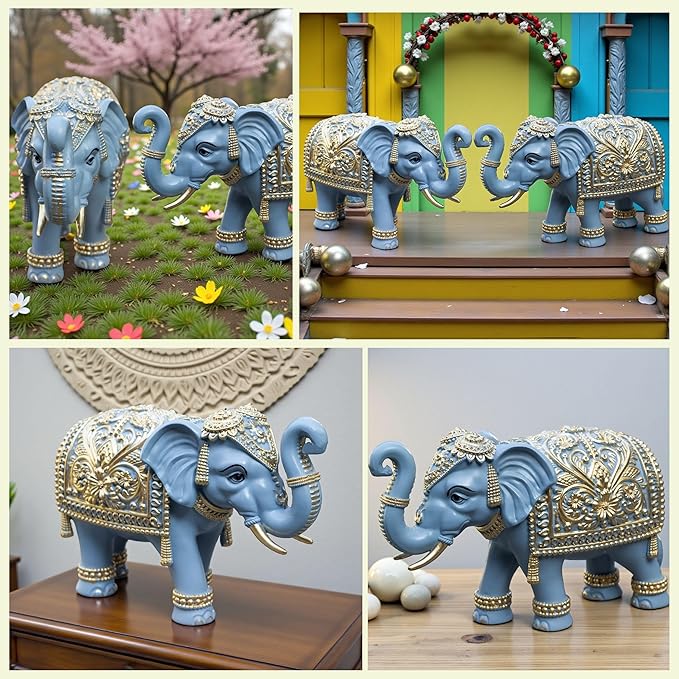 Royal Blue Gajraj Elephant Showpiece Pair for Home Decor - Image 3