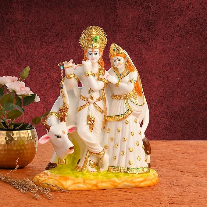 Creating Ambiance Polyresin Marble Radha Krishna Cow Idol